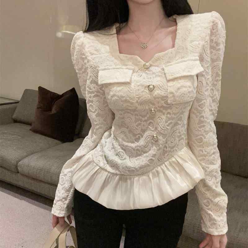 春 コーデ レディース ファッション オシャレ カワイイ シンプル きれいめ ナチュラル 上品カジュアル 婦人服 スリムトップス スクエアネック パフスリーブ 長袖 レース シャツ