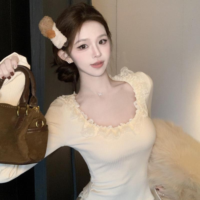Rakuten - 春 コーデ レディース ファッション オシャレ カワイイ シンプル きれいめ ナチュラル 上品カジュアル 婦人服 ロー カラー レース Tシャツ スリム 長袖 インナーウェア トップス