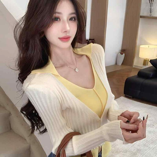 春 コーデ レディース ファッション オシャレ カワイイ シンプル きれいめ ナチュラル 上品カジュアル 婦人服 Vネック フェイク ツーピース レイヤリング シャツ スリム ニット セーター トップス 春 コーデ レディース ファッション オシャレ カワイイ シンプル きれいめ ナチュラル 上品カジュアル 婦人服 Vネック フェイク ツーピース レイヤリング シャツ スリム ニット セーター トップス