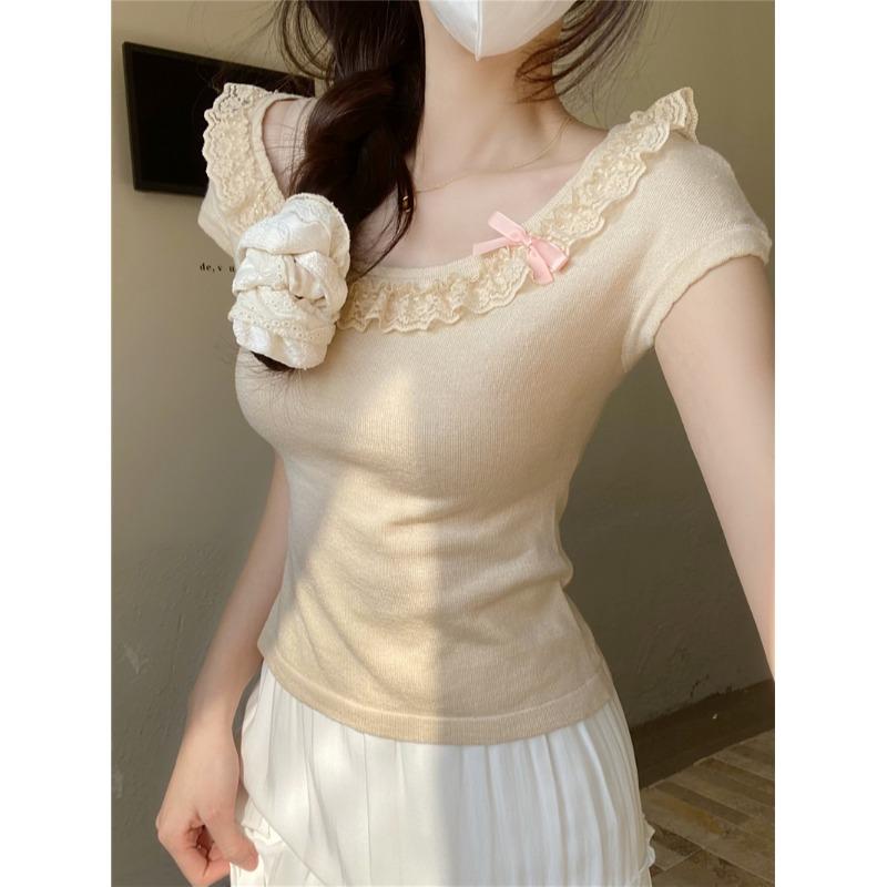 春 コーデ レディース ファッション オシャレ カワイイ シンプル きれいめ ナチュラル 上品カジュアル 婦人服 ハイエンド レース トップス 夏 デコルテ ウエスト スリム Tシャツ