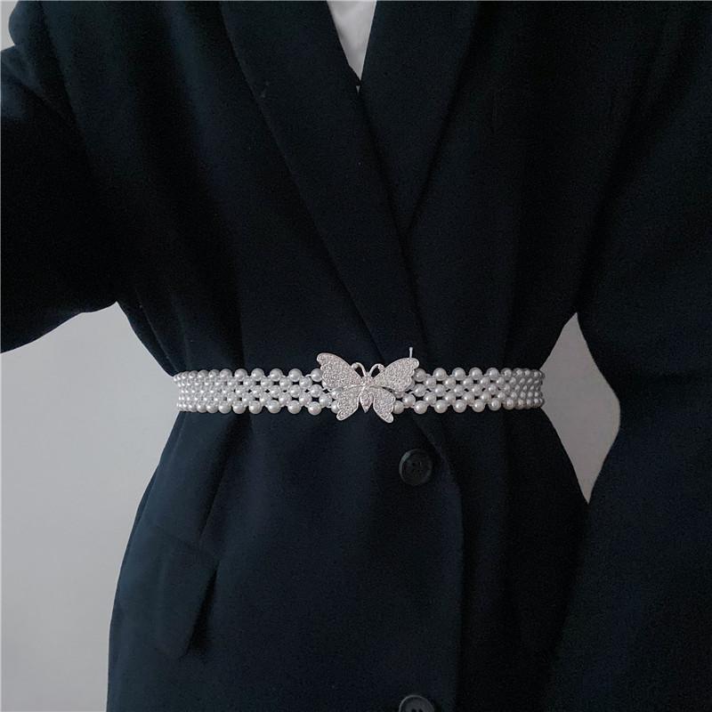 春 コーデ レディース ファッション オシャレ カワイイ シンプル きれいめ ナチュラル 上品カジュアル 婦人服 バタフライ パール ストレッチ ベルト スーツ ドレス 装飾 ウエスト バンド(4)