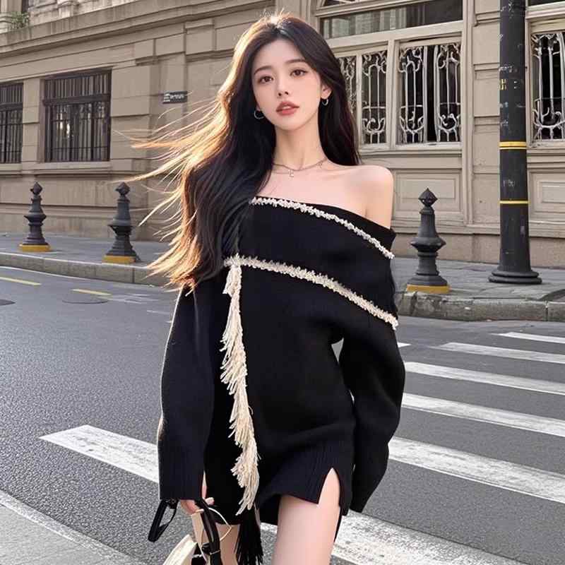 春 コーデ レディース ファッション オシャレ カワイイ シンプル きれいめ ナチュラル 上品カジュアル 婦人服 オフショルダー セーター ドレス タッセル ニット スカート