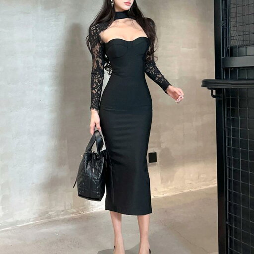 春 コーデ レディース ファッション オシャレ カワイイ シンプル きれいめ ナチュラル 上品カジュアル 婦人服 レース ドレス ハイエンド スリット ブラック 春 コーデ レディース ファッション オシャレ カワイイ シンプル きれいめ ナチュラル 上品カジュアル 婦人服 レース ドレス ハイエンド スリット ブラック