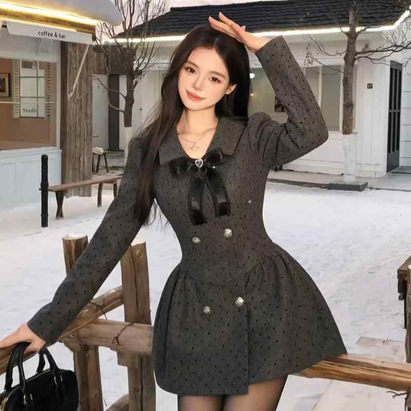 春 コーデ レディース ファッション オシャレ カワイイ シンプル きれいめ ナチュラル 上品カジュアル 婦人服 ドット ウール ドレス ハイエンド ウエスト スリム Aライン スカート