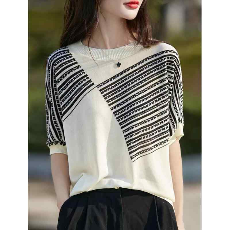 春 コーデ レディース ファッション オシャレ カワイイ シンプル きれいめ ナチュラル 上品カジュアル 婦人服 夏 ニット セーター 半袖 テンセル シャツ 快適 プルオーバー T トップス