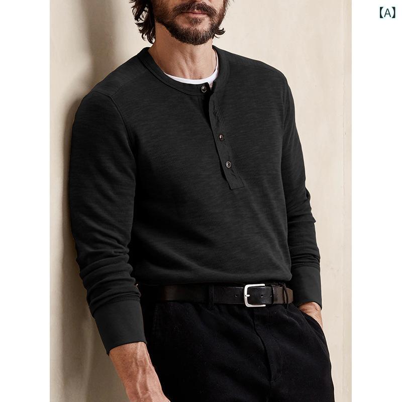 リコットのメンズ 長袖 ラウンドネック Tシャツ ヘンリーネック トップス レジャー 秋　冬 暖かい 普段使い 通勤ウェア カジュアル スタイル｜アングル2