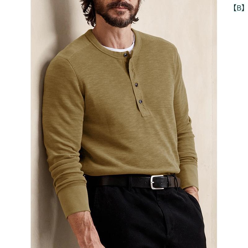 リコットのメンズ 長袖 ラウンドネック Tシャツ ヘンリーネック トップス レジャー 秋　冬 暖かい 普段使い 通勤ウェア カジュアル スタイル｜アングル3