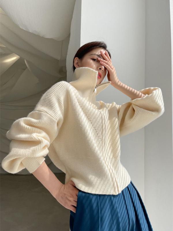 冬コーデ レディース 大人 きれいめ シンプル 上品 着回し ベーシック カジュアル ナチュラル ロングシーズン ぴったり スタイリッシュ ジップアップ ニット カーディガン ネイビー 襟 ホワイト タートルネック 暖かい 暖か 着心地 カーディガン