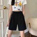 レディース ファッション オシャレ カワイイ 女性用 韓国ファッション ハイウエスト ショート パンツ 春 スリミング ワイド レッグ カジュアル ダブルプリーツ シングル ボタン パンツ