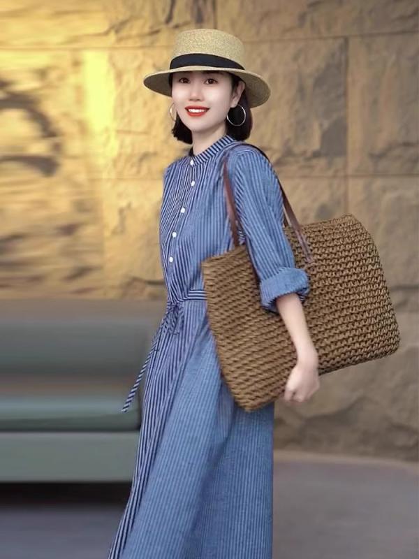 春 ファッション ストライプ スタンドカラー シャツ ドレス レディース カジュアル 長袖 ミドル丈 スカートのサムネイル