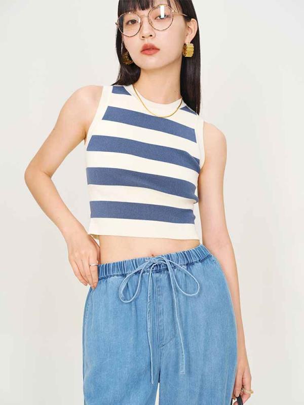 レディース 大人 きれいめ シンプル 上品 着回し ベーシック カジュアル ナチュラル ロングシーズン フレンチ クロップド スリム スタイリッシュ ノースリーブ ベース レイヤー ストライプ キャミソール タンクトップ