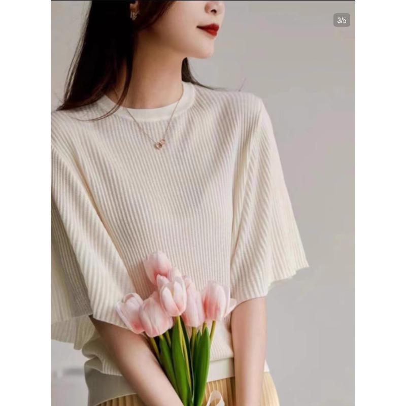 Wear （Sports） - 春 コーデ レディース ファッション オシャレ カワイイ シンプル きれいめ ナチュラル 上品カジュアル 婦人服 夏 ゆったり フリル バット スリーブ Tシャツ ニット セーター