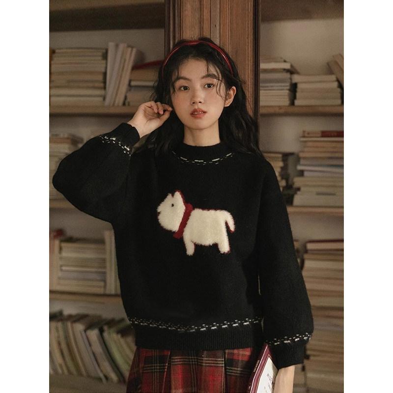冬コーデ レディース 大人 きれいめ シンプル 上品 着回し ベーシック カジュアル ナチュラル ロングシーズン 犬 黒 ニット ジャカード インナー セーター レトロ プルオーバー ゆったり トップス