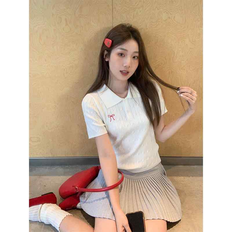 春 コーデ レディース ファッション オシャレ カワイイ シンプル きれいめ ナチュラル 上品カジュアル 婦人服 ポロ襟 Tシャツ 夏 ニット 半袖 リボン スリムトップス 服