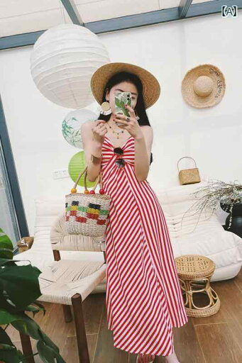レディース ファッション オシャレ カワイイ 女性用 タイ リゾート スタイル レッド ストライプ Vネック ハイウエスト サスペンダー ドレス スリミング シーサイド ビーチ ロング スカート レディース ファッション オシャレ カワイイ 女性用 タイ リゾート スタイル レッド ストライプ Vネック ハイウエスト サスペンダー ドレス スリミング シーサイド ビーチ ロング スカート