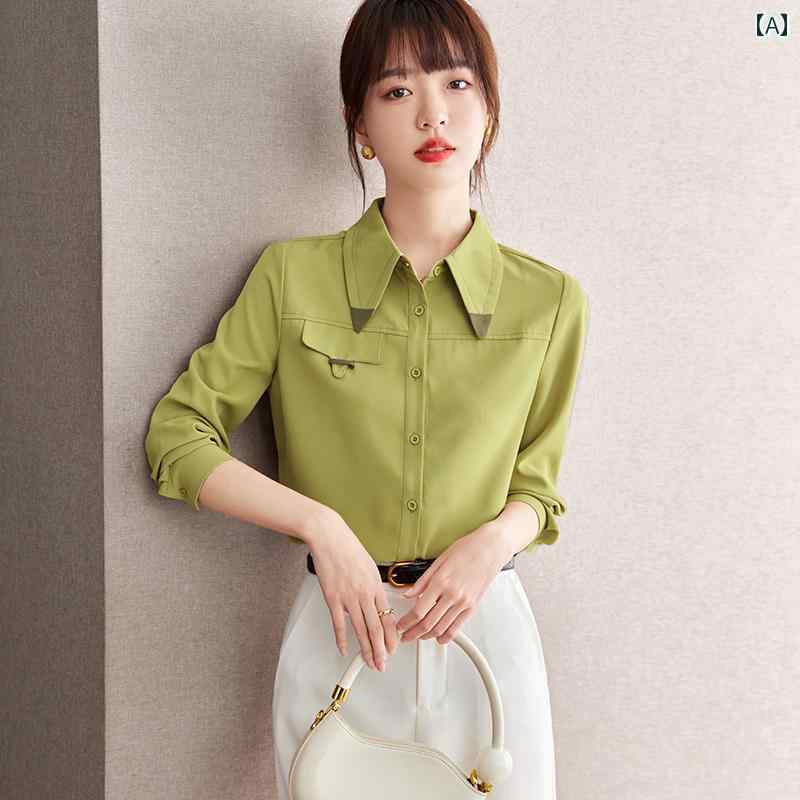 レディース ファッション オシャレ カワイイ 女性用 ホワイト カラー春 フレンチ ポインテッドカラー アボカド グリーン レトロ スタイル シフォンシャツ 長袖 シャツ