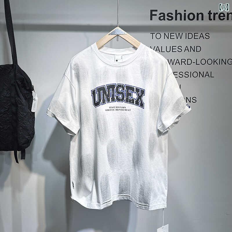 メンズ ファッション オシャレ 男性用 シンプル 大人 かっこいい カジュアル ストリート ヒップホップ HipHop アメカジ ダメージ加工 ルーズ 半袖 レター プリント シンプル 半袖 夏 ヘビー コットン T シャツ