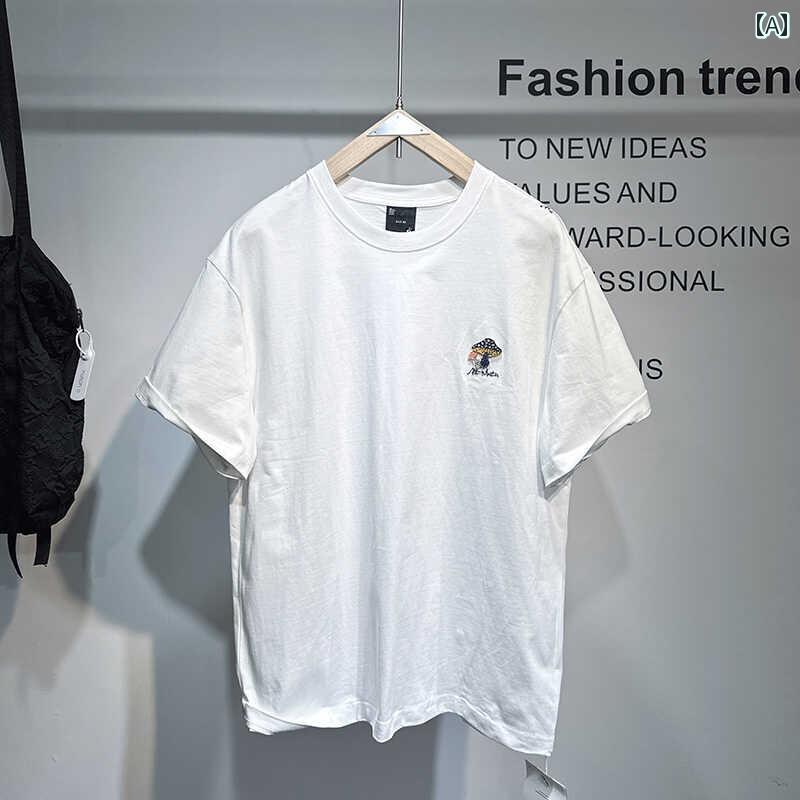 乐天商城 - メンズ ファッション オシャレ 男性用 シンプル 大人 かっこいい カジュアル ストリート ヒップホップ HipHop 夏 半袖 ヘビー 刺繍 ラウンドネック 半袖 T シャツ コットン ボトリング シャツ