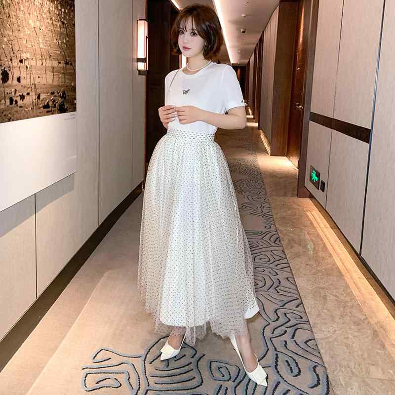 レディース ファッション オシャレ カワイイ 女性用 大きいサイズ ラウンドネック スタッズ 半袖 T シャツ 水玉 メッシュ パフ スカート スーツ 春のサムネイル