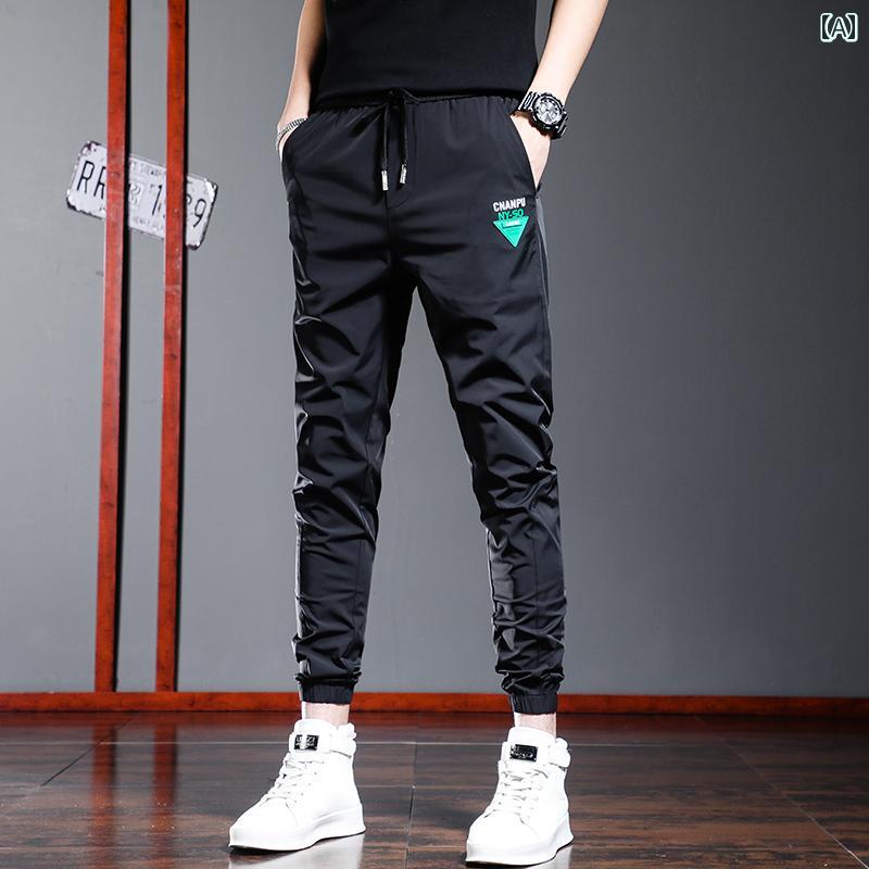 メンズ ファッション オシャレ 男性用 シンプル 大人 かっこいい カジュアル ストリート ヒップホップ HipHop 春夏 アイスシルク パンツ 薄手 スリム ネット 速乾 スウェットパンツ