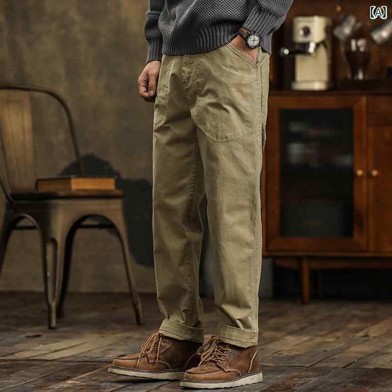 メンズ ファッション オシャレ 男性用 シンプル 大人 かっこいい カジュアル ストリート ヒップホップ HipHop アメカジ レトロ ワークウェア パンツ ルーズ ストレート ヘビーウェイト ピュアコットン カーキ ロング パンツ