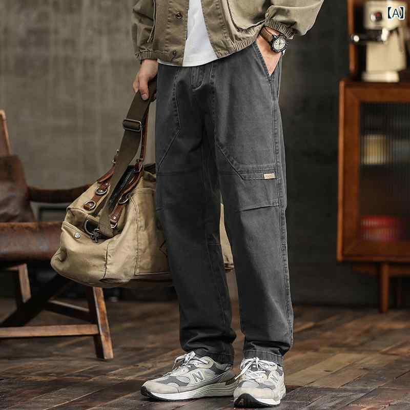 Pants - メンズ ファッション オシャレ 男性用 シンプル 大人 かっこいい カジュアル ストリート ヒップホップ HipHop アメカジ シック ワークパンツ ルーズ ストレート パンツ アウトドア ワイド レッグ パンツ レトロ