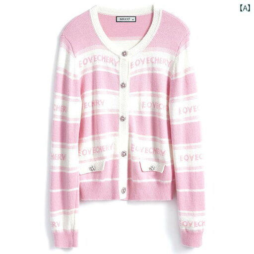 レディース ファッション オシャレ カワイイ 女性用 レター ジャガード ピンクストライプ ラウンドネック シングルブレスト ウール ニットカーディガン レディース ファッション オシャレ カワイイ 女性用 レター ジャガード ピンクストライプ ラウンドネック シングルブレスト ウール ニットカーディガン