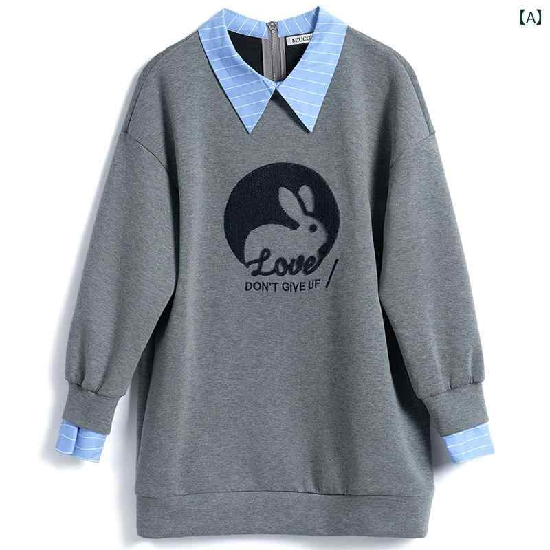 レディース ファッション オシャレ カワイイ 女性用 フェイク ツーピース ストライプシャツ ステッチ ラビット カジュアル スウェット スカート ワンピース(4)