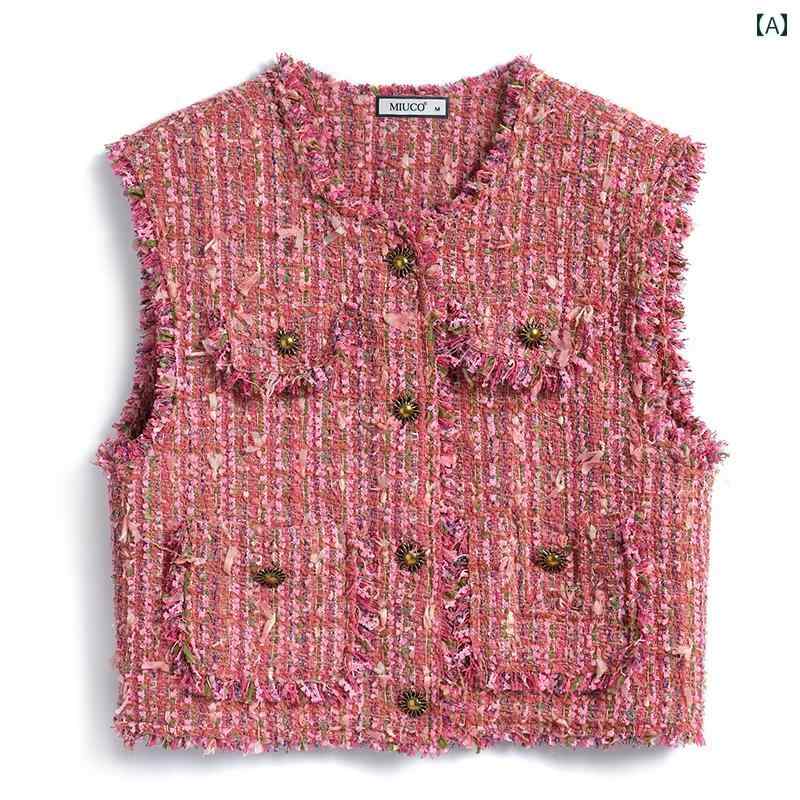 レディース ファッション オシャレ カワイイ 女性用 クラシック カラー ツイード ウール ビアード タッセル レース ボックス ベスト