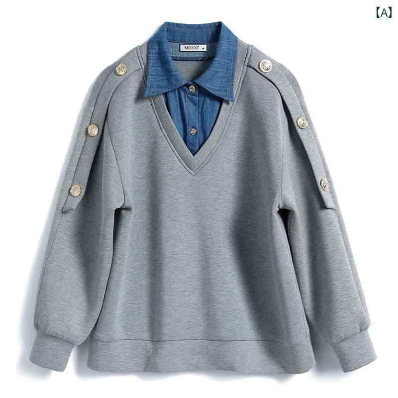 レディース ファッション オシャレ カワイイ 女性用 フェイク ツーピース デニム シャツ コットン シルエット スウェットシャツ