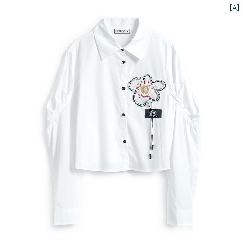 レディース ファッション オシャレ カワイイ 女性用 カレッジ 風 立体 大きいサイズ フラワー シルエット 袖 デザイン ショート シャツ トップス