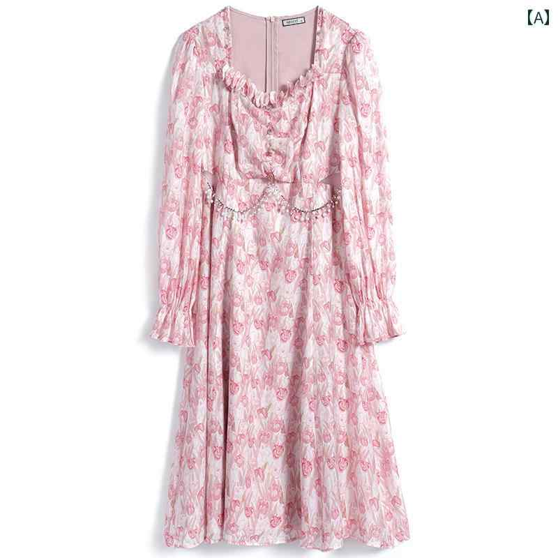レディース ファッション オシャレ カワイイ 女性用 ピンク 大きいサイズ ローズ ジャガード スクエアネック 長袖 ワンピース