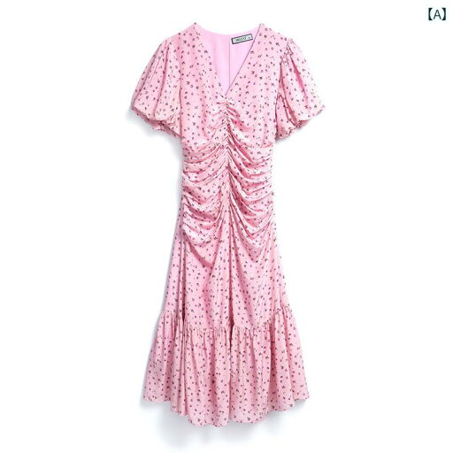 レディース ファッション オシャレ カワイイ 女性用 大きいサイズ ピンク ローズ 花柄 Vネック パフスリーブ プリーツ シルクドレス レディース ファッション オシャレ カワイイ 女性用 大きいサイズ ピンク ローズ 花柄 Vネック パフスリーブ プリーツ シルクドレス