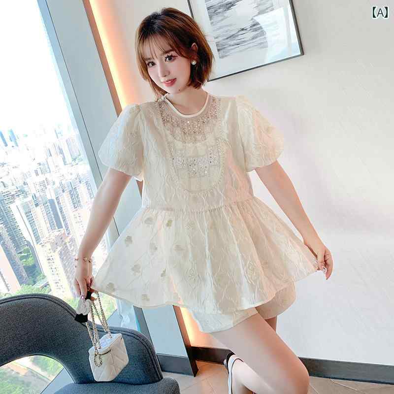 レディース ファッション オシャレ カワイイ 女性用 ビーズ スパンコール パフスリーブ フリル トップ ワイド レッグ ショート パンツ スーツ