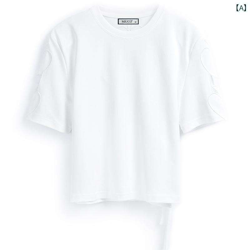 Rakuten - 羽 刺繍 バック レース アップ バックル 無地 ラウンドネック 大きいサイズ T シャツ トップス