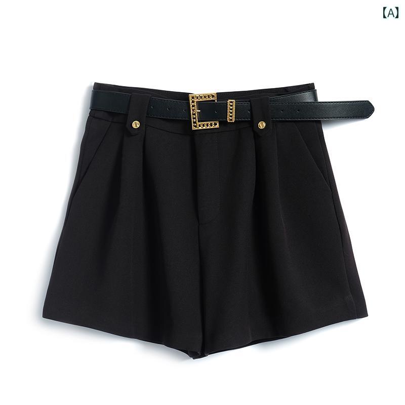 レディース ファッション オシャレ カワイイ 女性用 ゴールドバックル レザーベルト ハイウエスト Aライン ワイド レッグ 大きいサイズ ショーツ