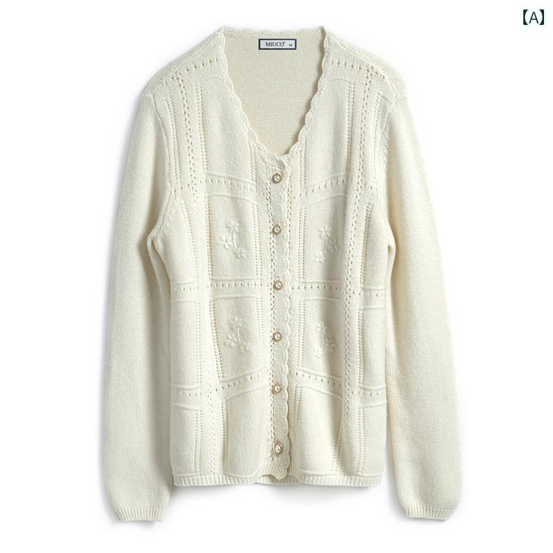 レディース ファッション オシャレ カワイイ 女性用 大きいサイズ シンプル 文学 ビーズ ボタン ウェーブレース ウール ニットカーディガン