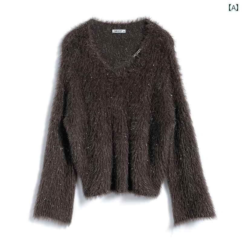 レディース ファッション オシャレ カワイイ 女性用 ウール ニット ブライト シルク Vネック ルーズ セーター