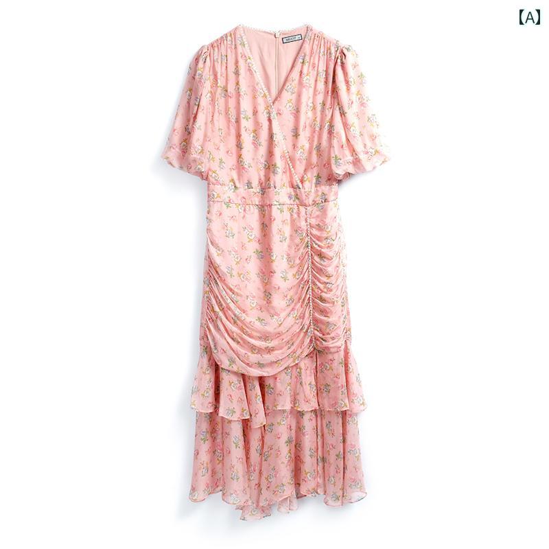 レディース ファッション オシャレ カワイイ 女性用 フレンチ マナー プリント Vネック ウエスト プリ..