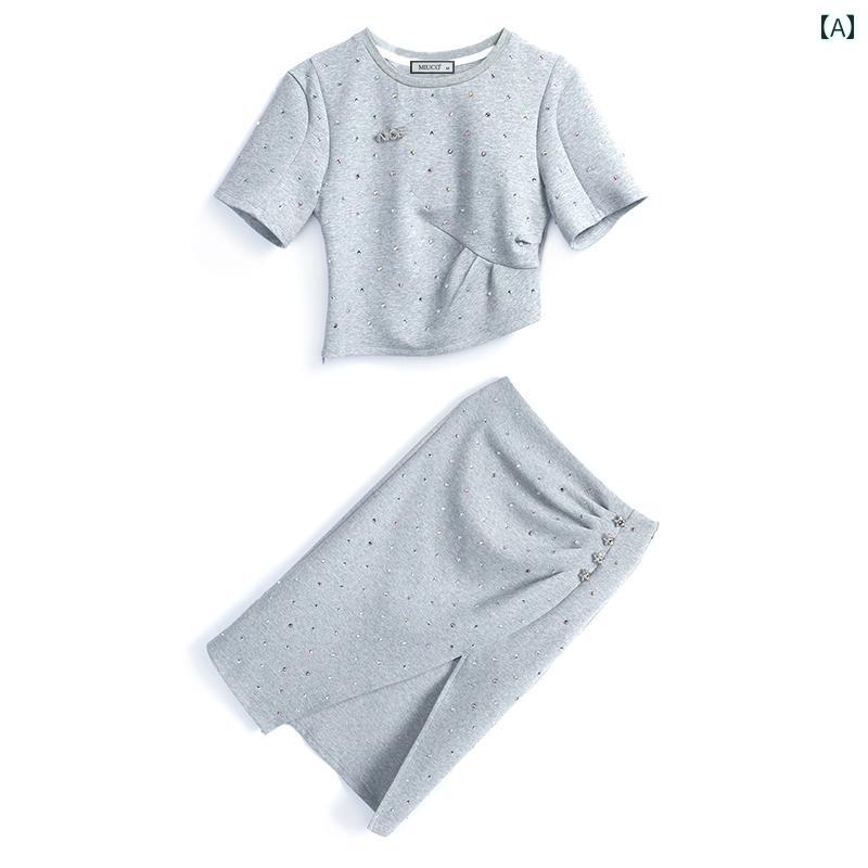 レディース ファッション オシャレ カワイイ 女性用 スリムフィット T シャツ ハイウエスト プリーツ ステッチ スリット スリム スカート スーツ