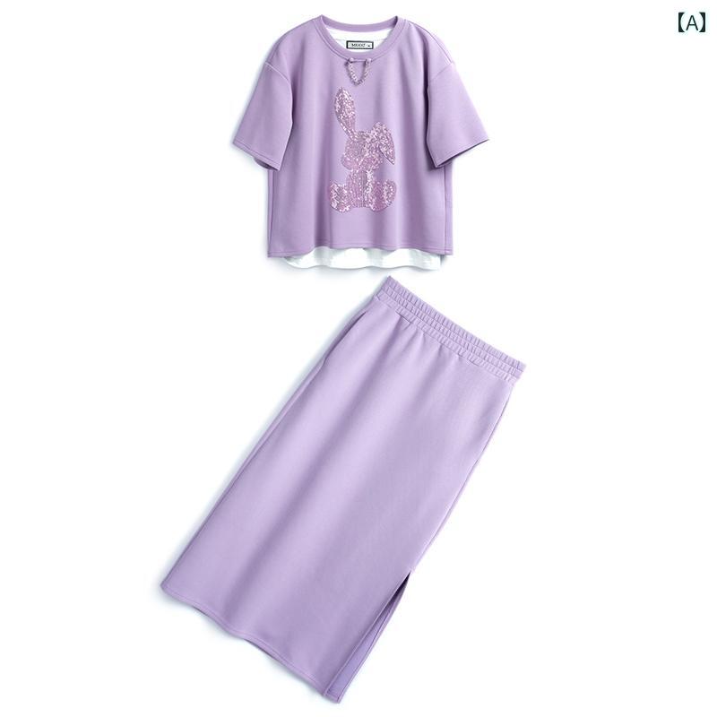 レディース ファッション オシャレ カワイイ 女性用 スパンコール T シャツ ホワイト ベスト ボトム カジュアル スリット スカート 大きいサイズ スリーピース スーツ