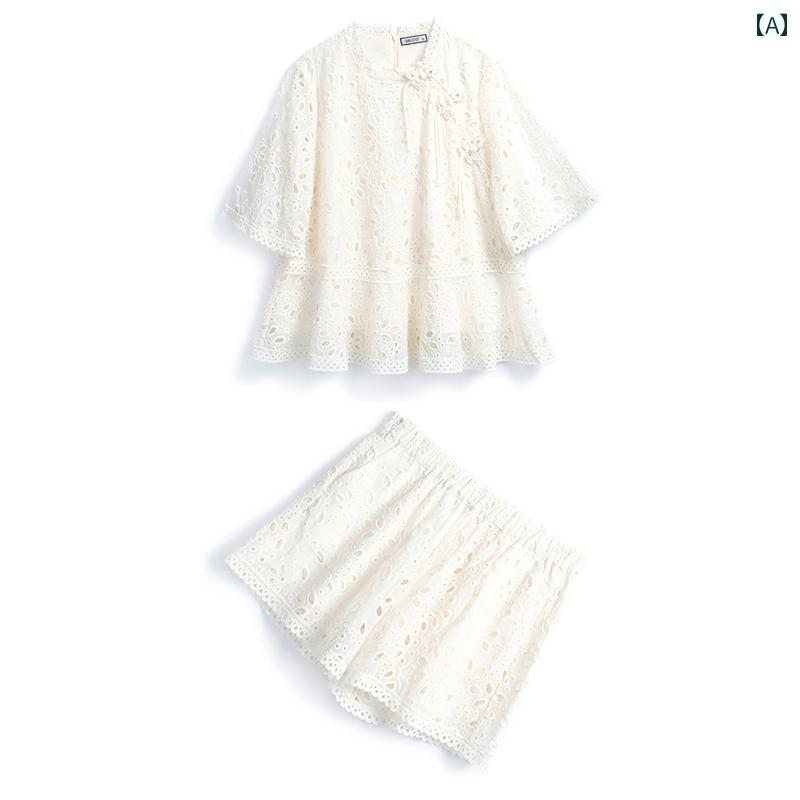 レディース ファッション オシャレ カワイイ 女性用 大きいサイズ ビーズ ディスク ボタン タッセル フリル トップ ワイド レッグ ショーツ セット