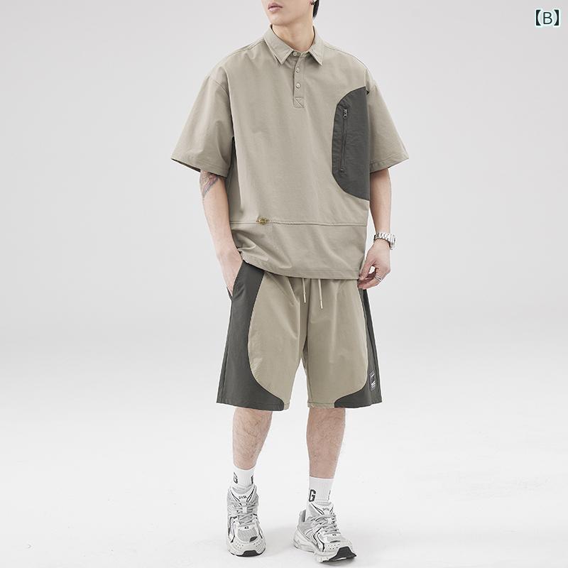 メンズ 男性用 ファッション オシャレ シンプル 大人 かっこいい ストリート ヒップホップ HipHop アメリカ スーツ レトロ スポーツ スーツ デザイン センス カラーマッチング 半袖 スーツ 2 ピース