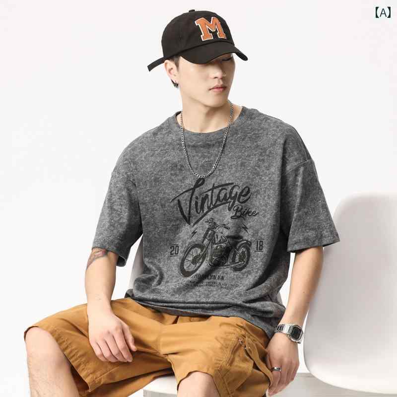 メンズ 男性用 ファッション オシャレ シンプル 大人 かっこいい ストリート ヒップホップ HipHop アメリカン レトロ T シャツ デザイン センス スノーフレーク ヘビー プリント T シャツ ワイド 大きいサイズ T トップ