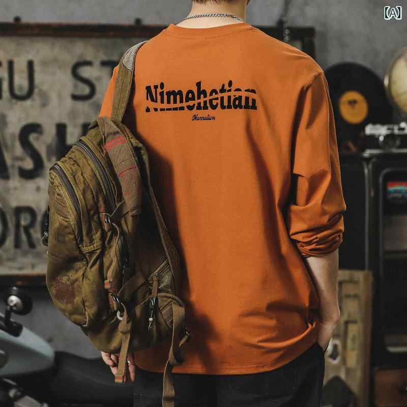 メンズ 男性用 ファッション オシャレ シンプル 大人 かっこいい ストリート ヒップホップ HipHop 260グラム 厚手 綿 長袖 T シャツ スタイル ラウンドネック スウェットシャツ レトロ レタリング ボトリング シャツ