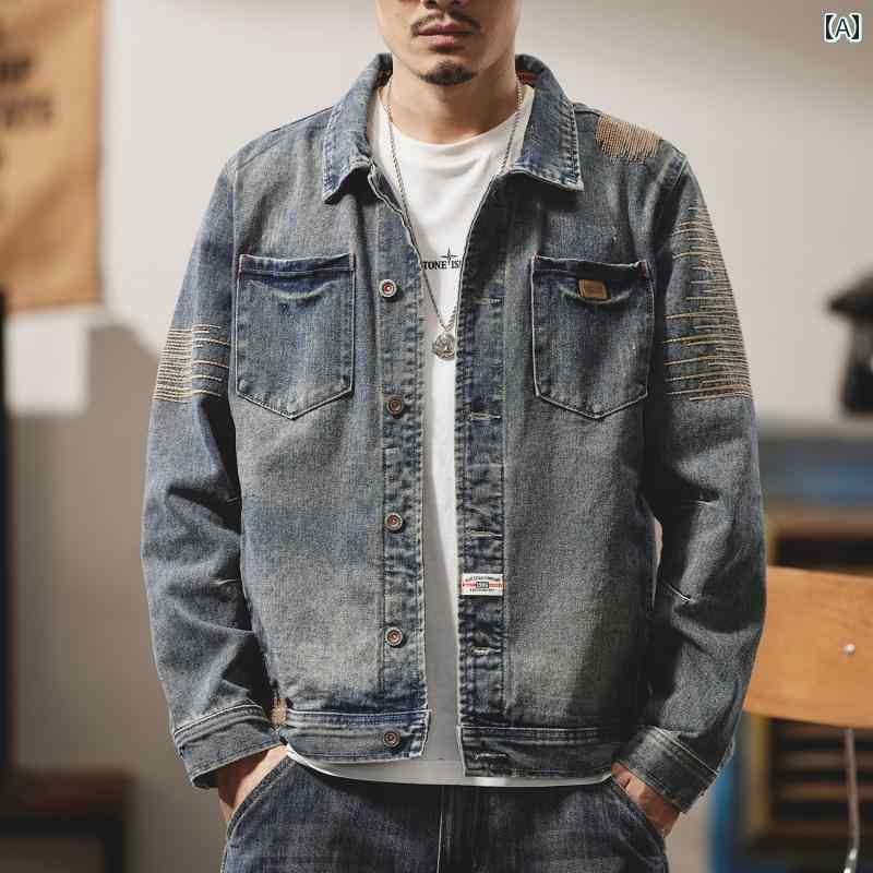 男性用 メンズ ファッション オシャレ シンプル 大人 かっこいい ストリート ヒップホップ HipHop デニムジャケット 春 ニュー スター オートバイ ジャケット レトロ アウターウェア