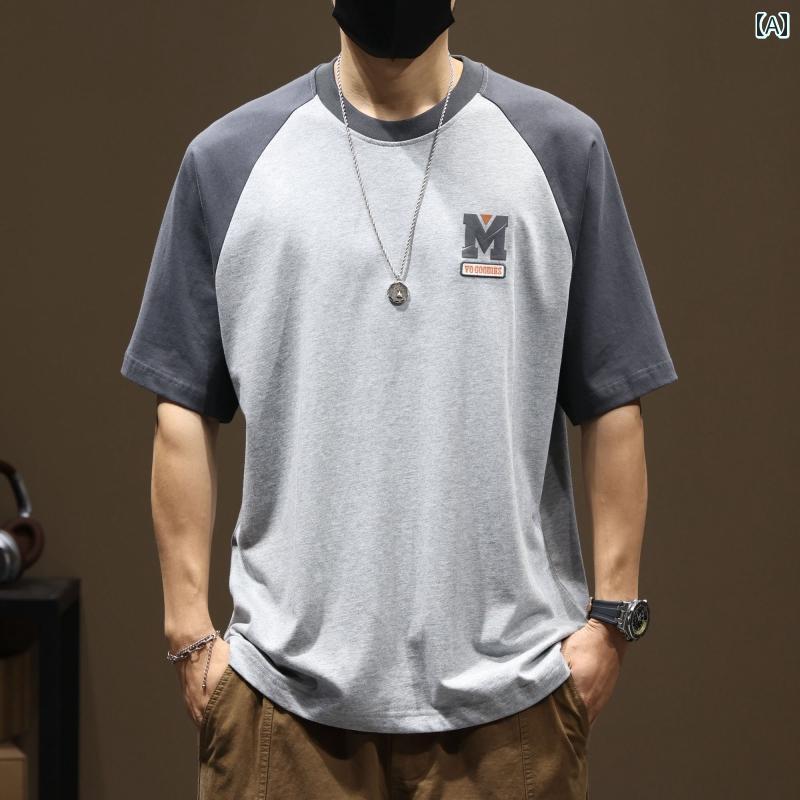 Rakuten - メンズ アメカジ 半袖 T シャツ 綿 ルーズ 夏 薄手 T シャツ イン 日本の カラー ブロック 半袖 トップス