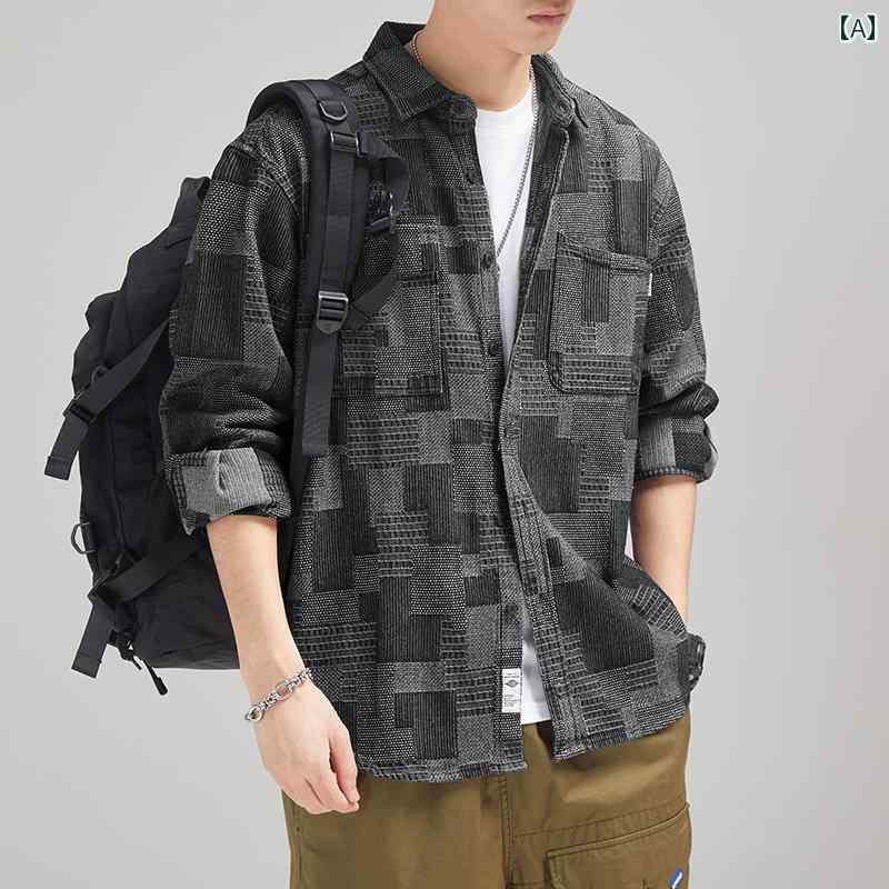 メンズ 男性用 ファッション オシャレ シンプル 大人 かっこいい ストリート ヒップホップ HipHop カジュアル デニム チェック柄 シャツ 春秋 ワークウェア ジャケット シャツ(4)