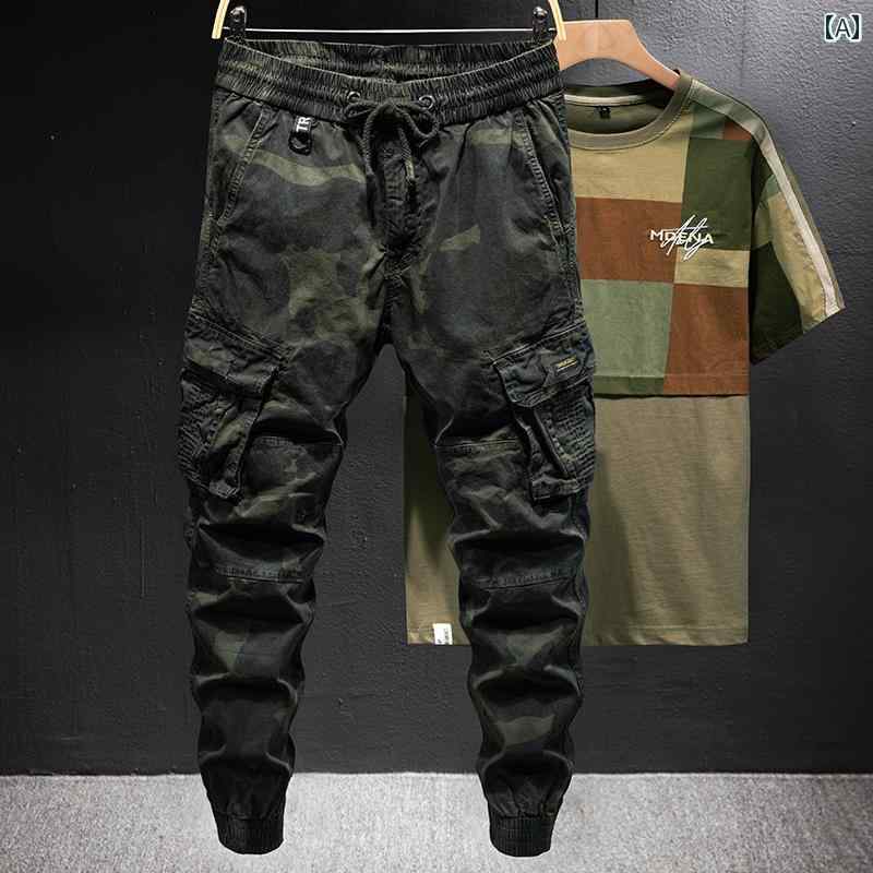 乐天商城 - メンズ 男性用 ファッション オシャレ シンプル 大人 かっこいい ストリート ヒップホップ HipHop アーミーグリーン 迷彩 春秋 アウトドア フィット マルチ ポケット カジュアル パンツ