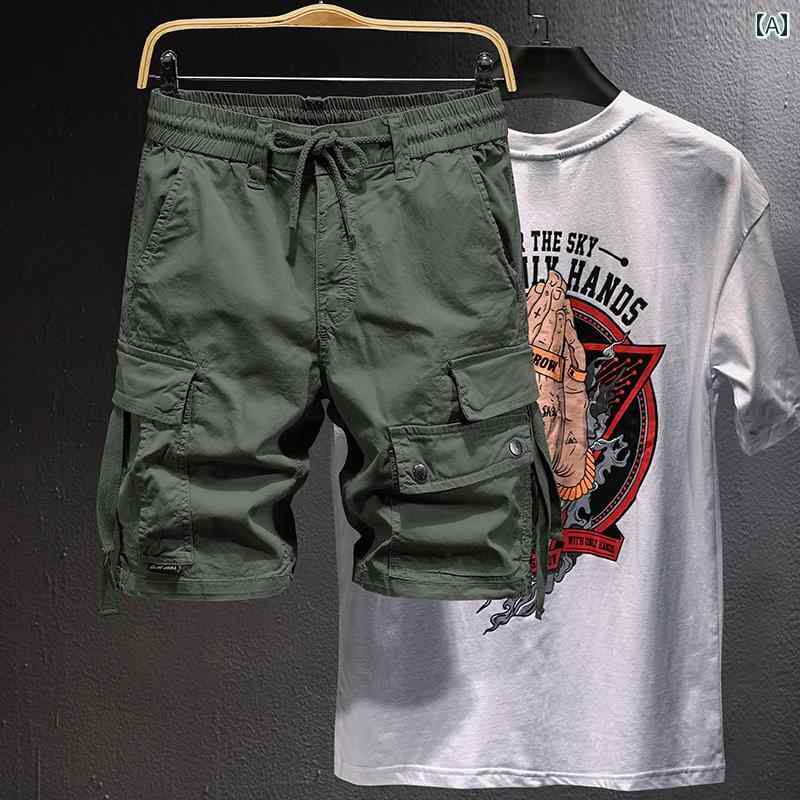 Cotton Pants - 夏 薄い マルチ ポケット カーゴ ショーツ メンズ アメリカン ストリーマー カジュアル 5点 式 パンツ アウトドア 登山 綿 ジョッパーズ